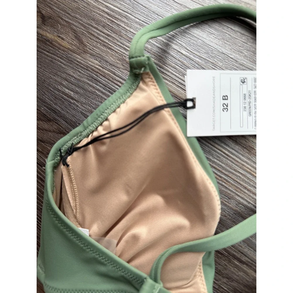 Shape Shore Sage‎ Green Halter Triangle Bikini Top Removable Pads Size 32 B